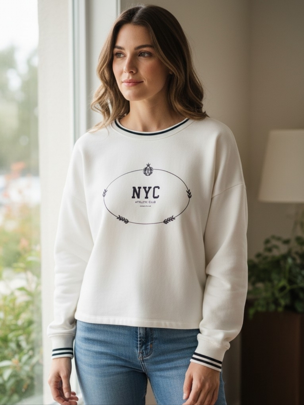 Express Cotton Blend White Sweatshirt with Black NYC Athletic Graphic